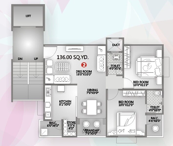 Floor plan of 2 BHK 1224 Sq. Ft. Apartment in Soniz Vibrant Homes, Ahmedabad