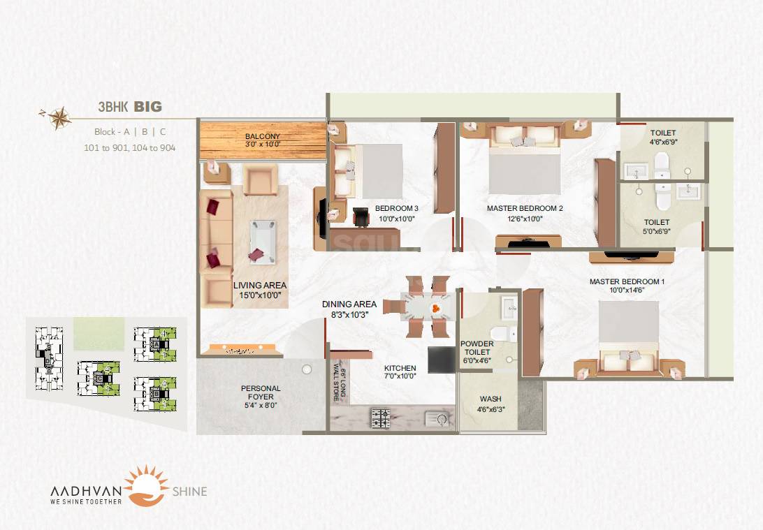 Floor plan of 3 BHK 1650 Sq. Ft. Apartment in Sthayi Aadhvan Shine, Ahmedabad