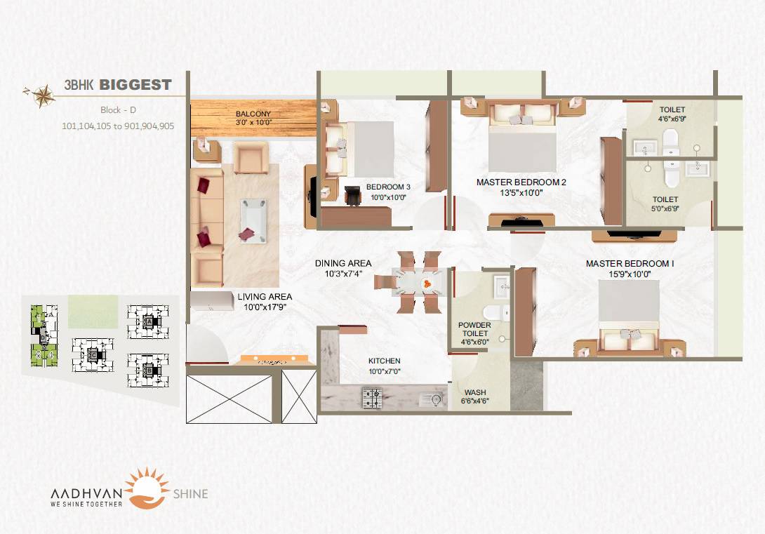 Floor plan of 3 BHK 1750 Sq. Ft. Apartment in Sthayi Aadhvan Shine, Ahmedabad