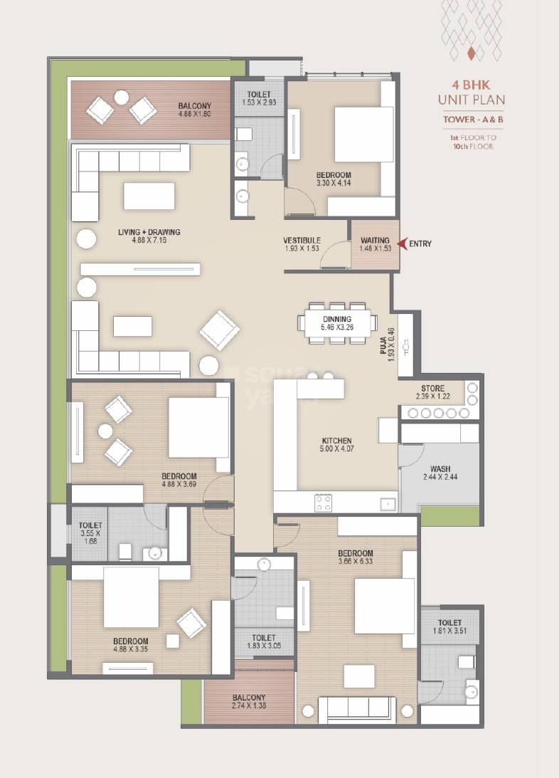 Floor plan of 4 BHK 2447 Sq. Ft. Apartment in Sudarshan Grace, Ahmedabad