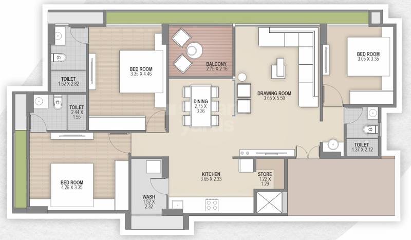 Floor plan of 3 BHK 1059 Sq. Ft. Apartment in Sudarshan Saket, Ahmedabad