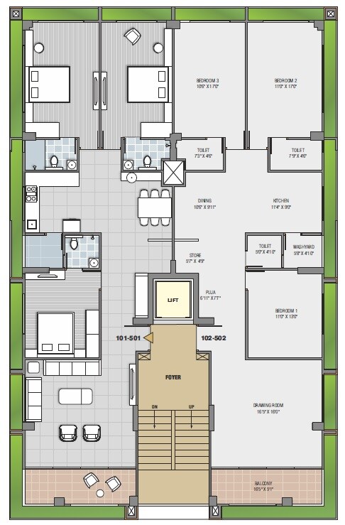 Floor plan of 3 BHK 1444 Sq. Ft. Apartment in Sun Aashka, Ahmedabad