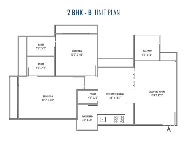 Floor plan of 2 BHK 675 Sq. Ft. Apartment in Sun Atmosphere, Ahmedabad