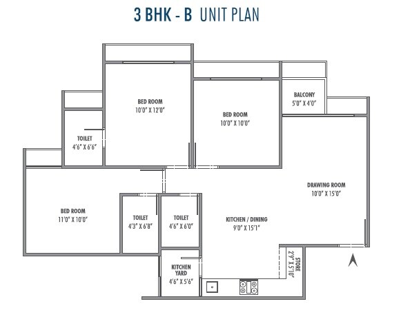 Floor plan of 3 BHK 820 Sq. Ft. Apartment in Sun Atmosphere, Ahmedabad