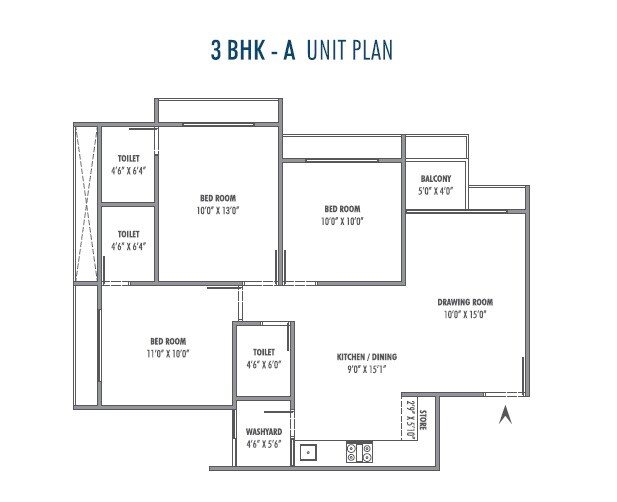 Floor plan of 3 BHK 835 Sq. Ft. Apartment in Sun Atmosphere, Ahmedabad