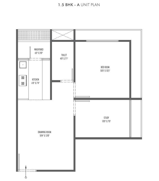 Floor plan of 1 BHK 775 Sq. Ft. Apartment in Sun Rising Homes, Ahmedabad