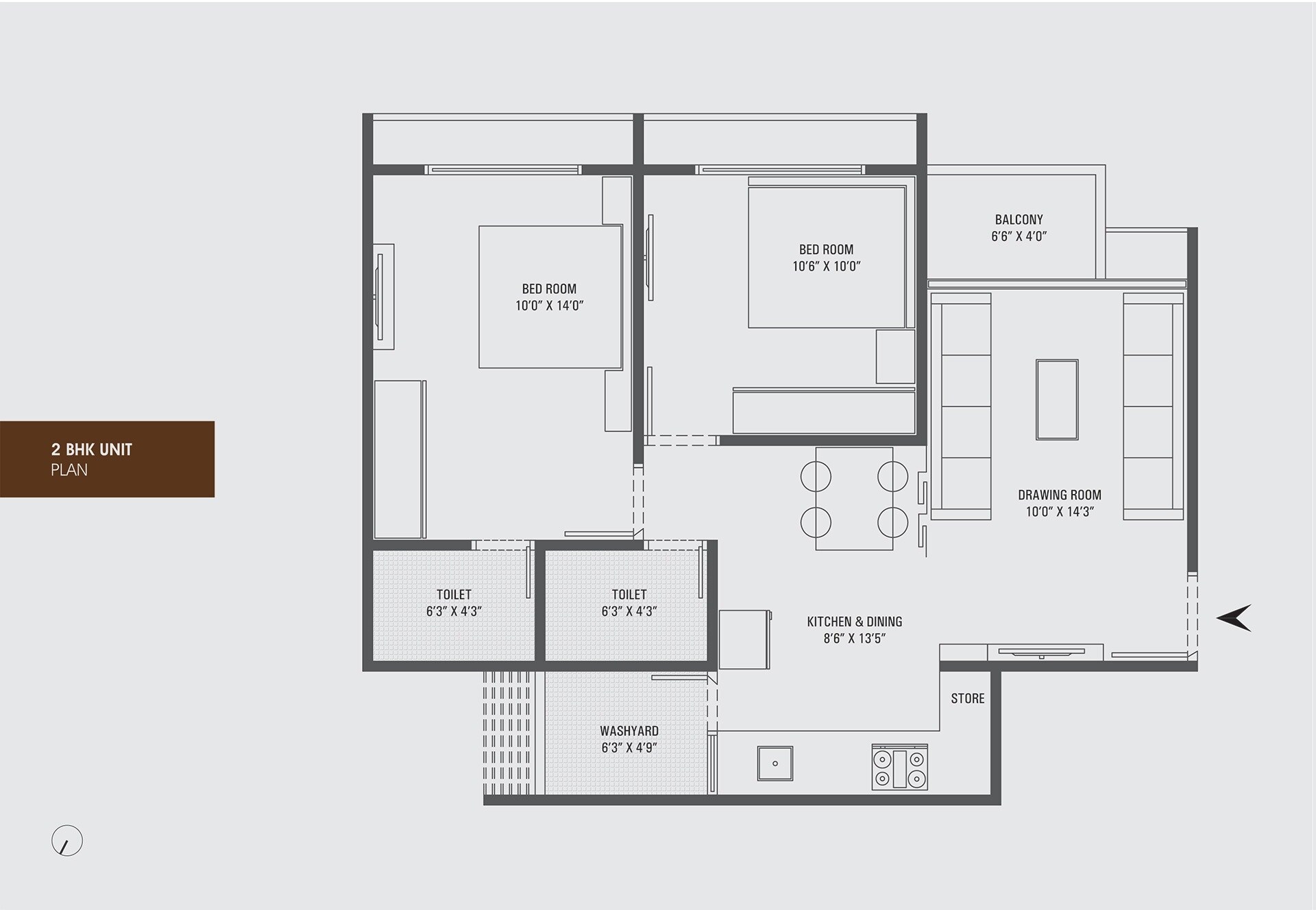 Floor plan of 2 BHK 1175 Sq. Ft. Apartment in Sun Southrayz, Ahmedabad