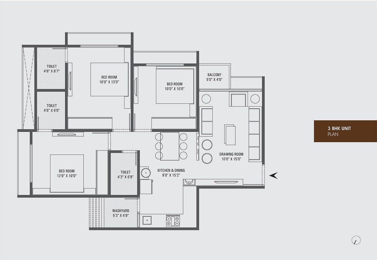 Floor plan of 3 BHK 1440 Sq. Ft. Apartment in Sun Southrayz, Ahmedabad