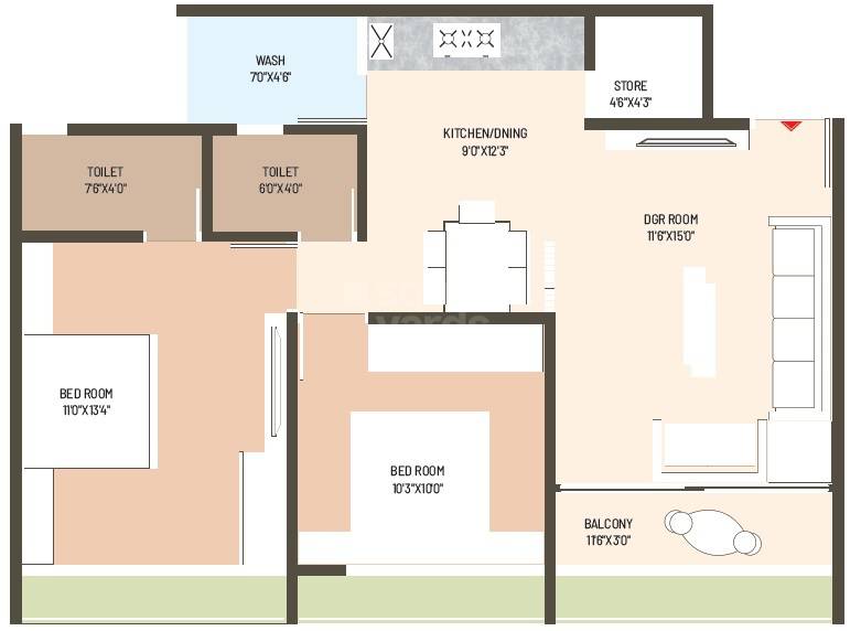 Floor plan of 2 BHK 609 Sq. Ft. Apartment in Sunrise Exotica, Ahmedabad