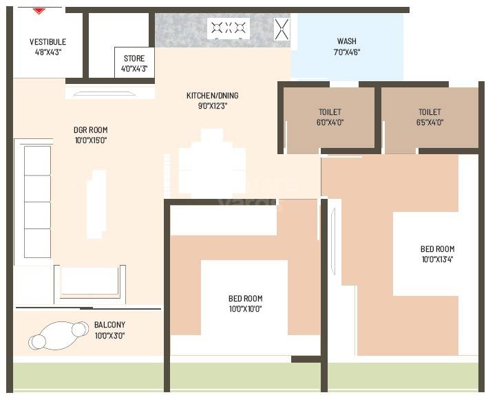 Floor plan of 2 BHK 631 Sq. Ft. Apartment in Sunrise Exotica, Ahmedabad