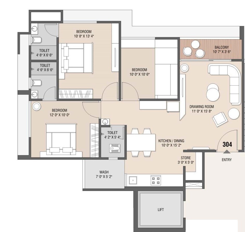 Floor plan of 3 BHK 1935 Sq. Ft. Apartment in Sunwoods The Metropark, Ahmedabad