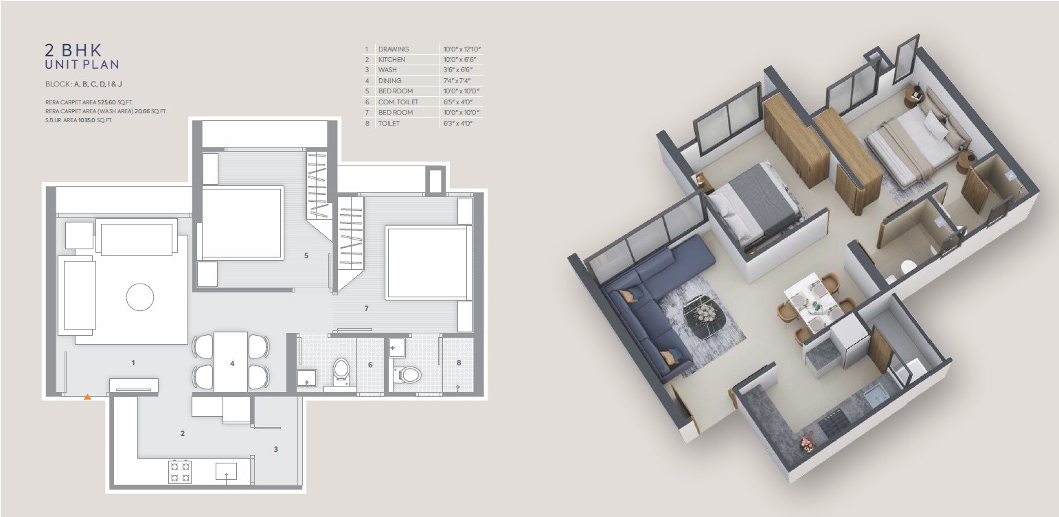 Floor plan of 2 BHK 1035 Sq. Ft. Apartment in Supercity Joy, Ahmedabad