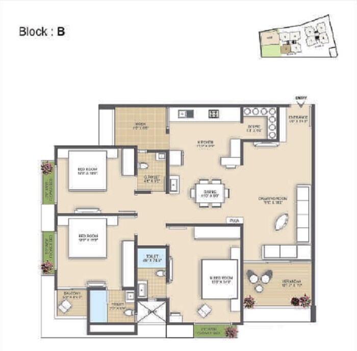 Floor plan of 3 BHK 2079 Sq. Ft. Apartment in Surya Kutir, Ahmedabad