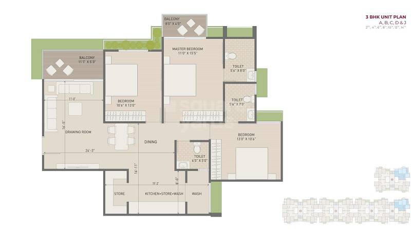 Floor plan of 3 BHK 2034 Sq. Ft. Apartment in Swagat Glassglow, Ahmedabad