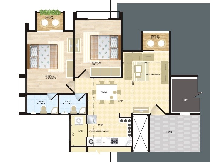 Floor plan of 2 BHK 1305 Sq. Ft. Apartment in Swagat Queens Land, Ahmedabad