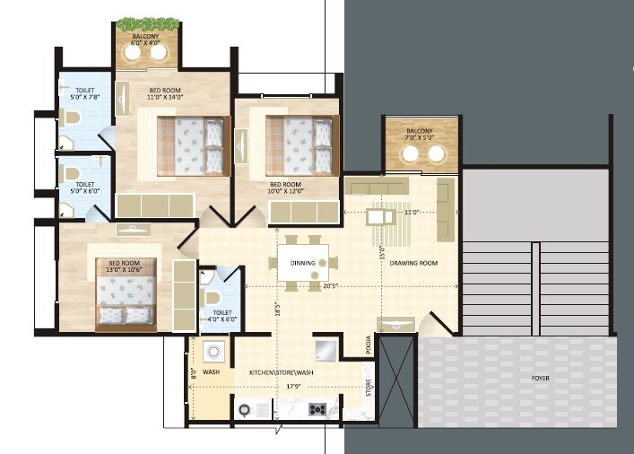 Floor plan of 3 BHK 1809 Sq. Ft. Apartment in Swagat Queens Land, Ahmedabad