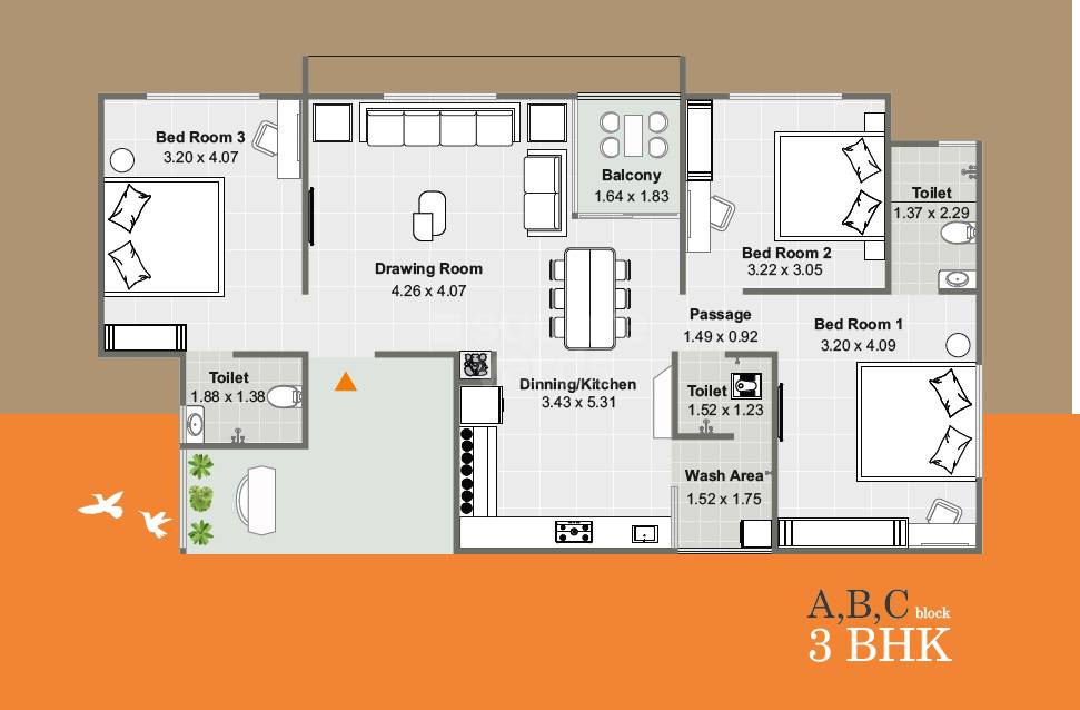 Floor plan of 3 BHK 863 Sq. Ft. Apartment in Swaminarayan Altezza Pros, Ahmedabad
