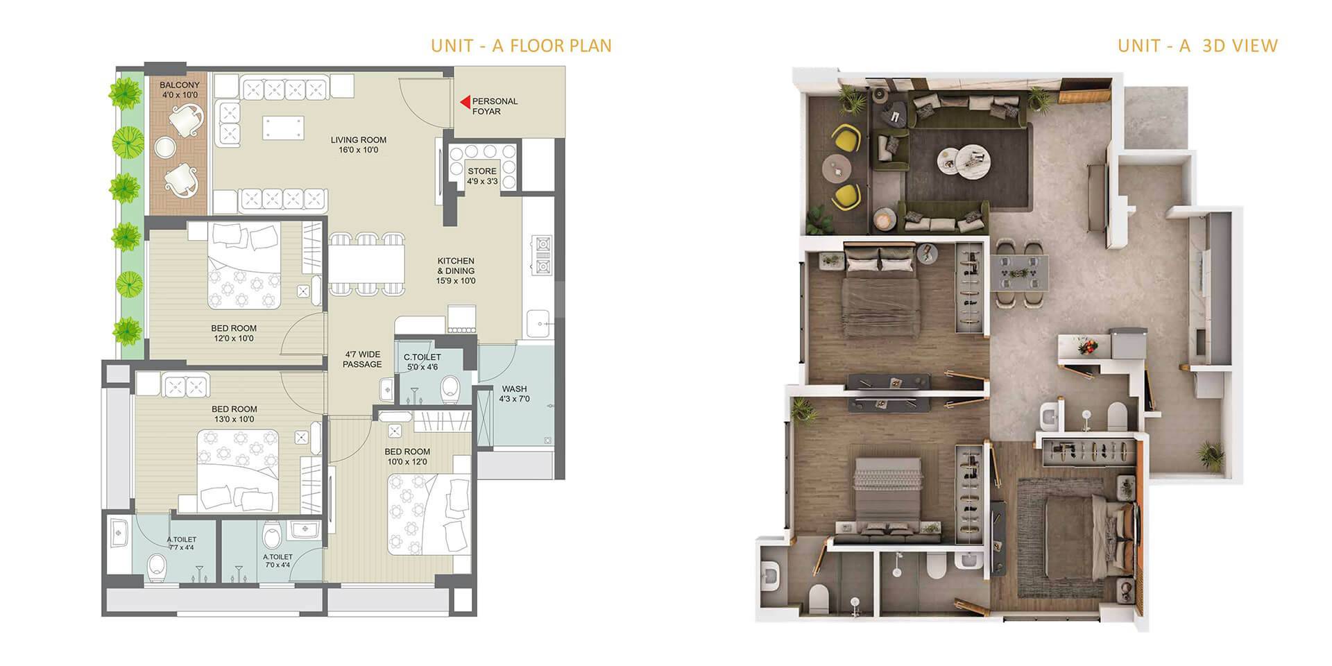 Floor plan of 3 BHK 841 Sq. Ft. Apartment in Swara Nandini Skyview, Ahmedabad