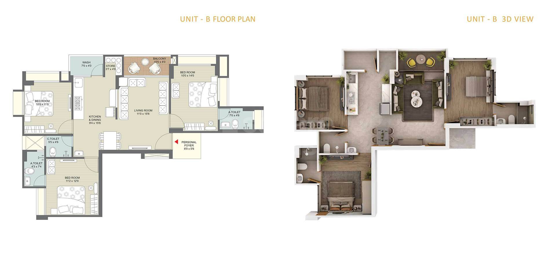 Floor plan of 3 BHK 851 Sq. Ft. Apartment in Swara Nandini Skyview, Ahmedabad