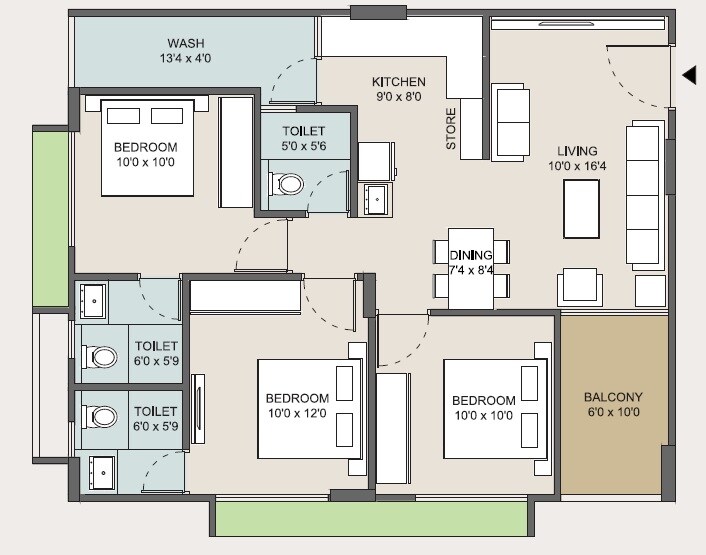 Floor plan of 3 BHK 1049 Sq. Ft. Apartment in Swara Sapphire, Ahmedabad