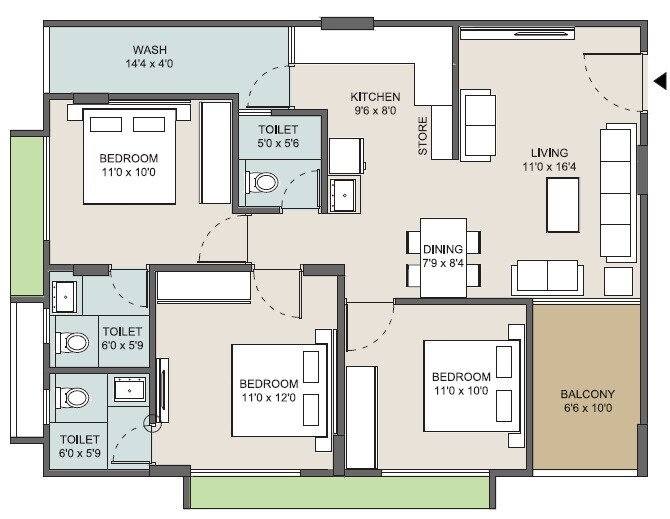 Floor plan of 3 BHK 1101 Sq. Ft. Apartment in Swara Sapphire, Ahmedabad
