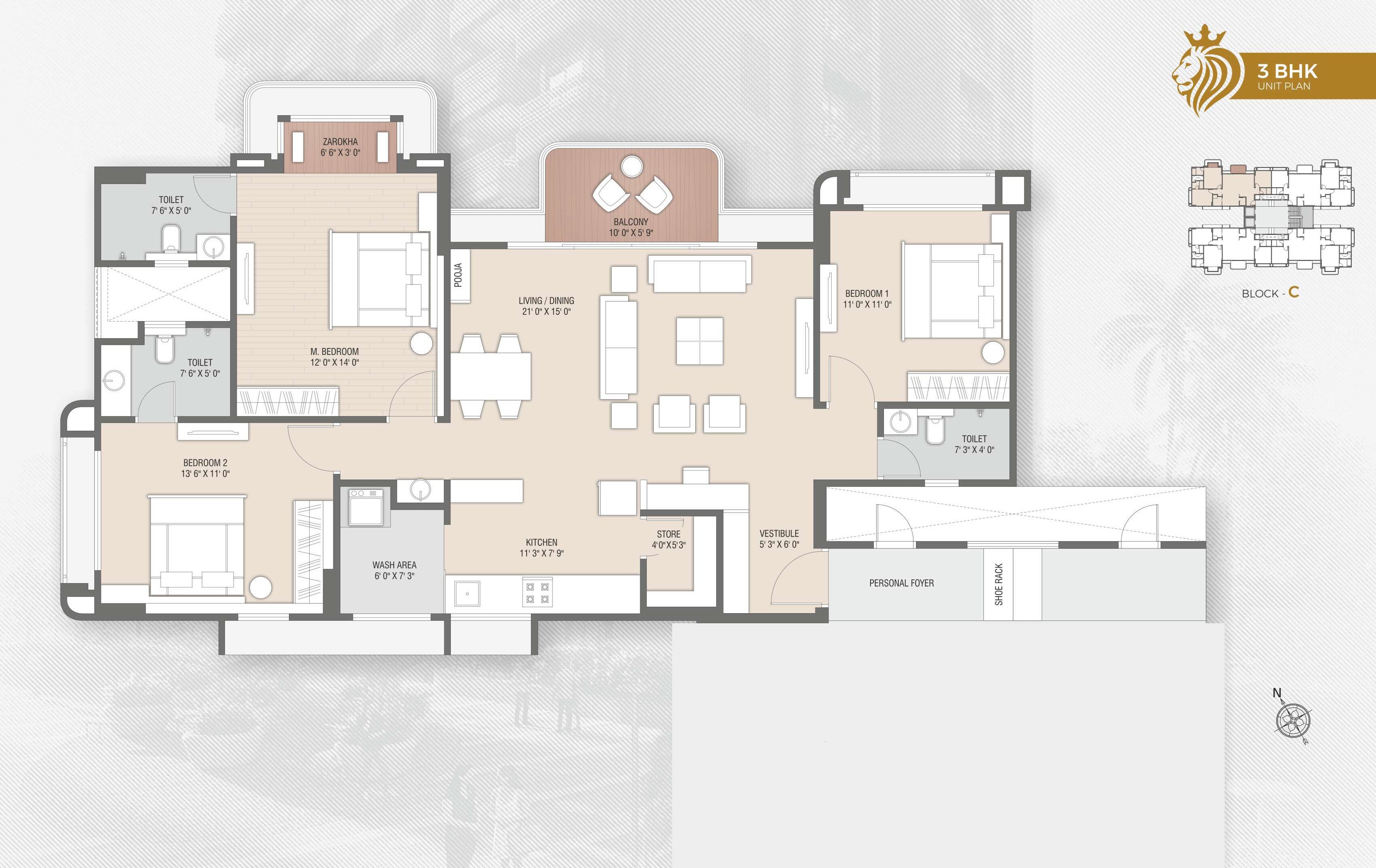 Floor plan of 3 BHK 2250 Sq. Ft. Apartment in Swarnim Sentossa, Ahmedabad