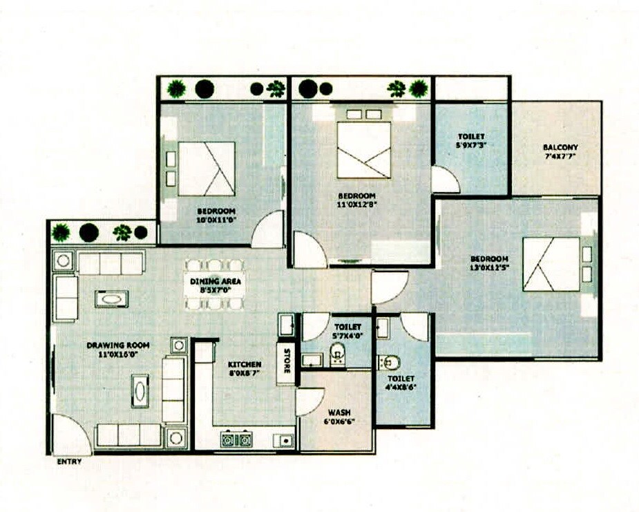 Floor plan of 3 BHK 1302 Sq. Ft. Apartment in Swarnim Stone And Villa, Ahmedabad