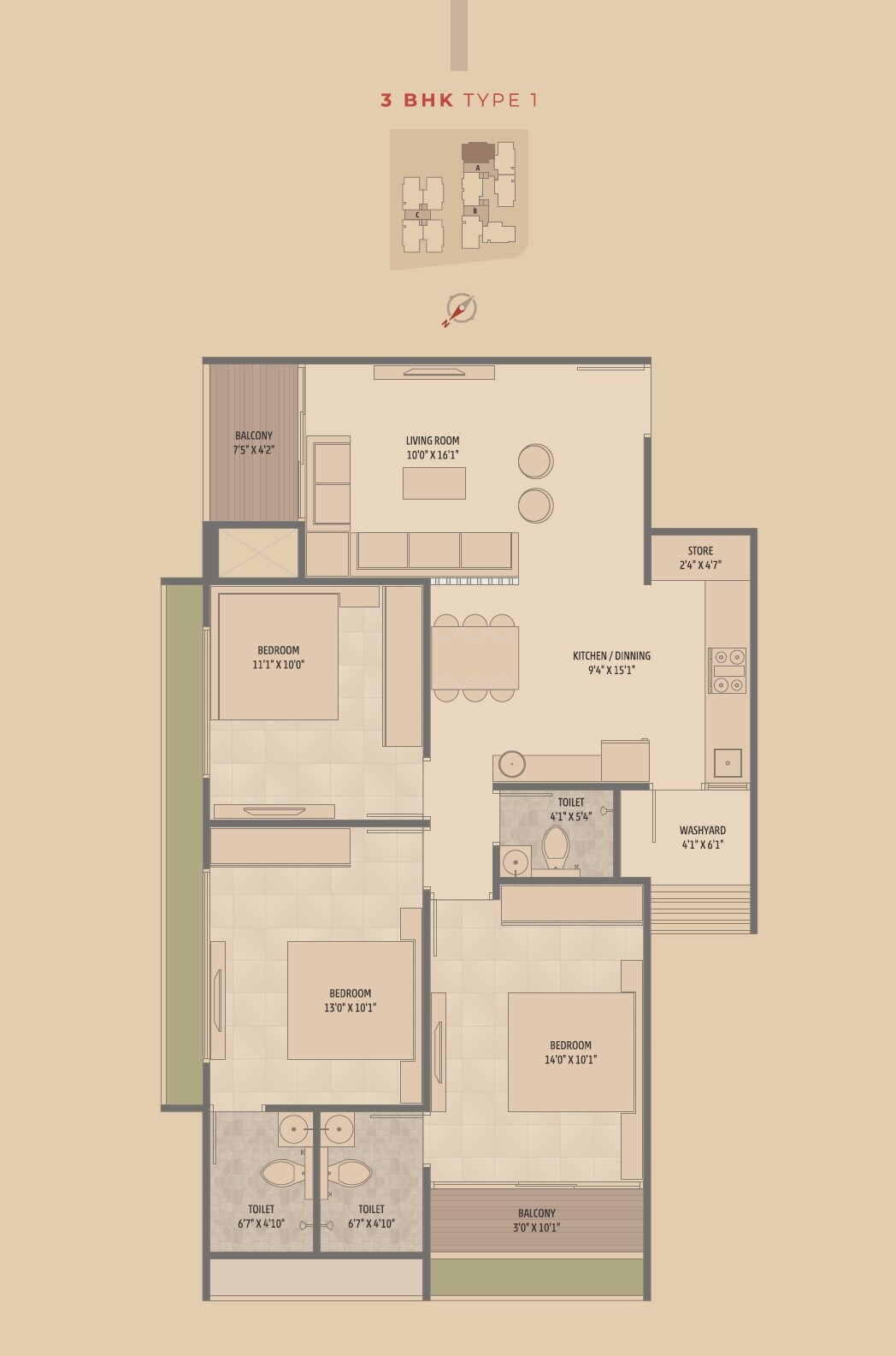 Floor plan of 3 BHK 1750 Sq. Ft. Apartment in Swastik Promont, Ahmedabad