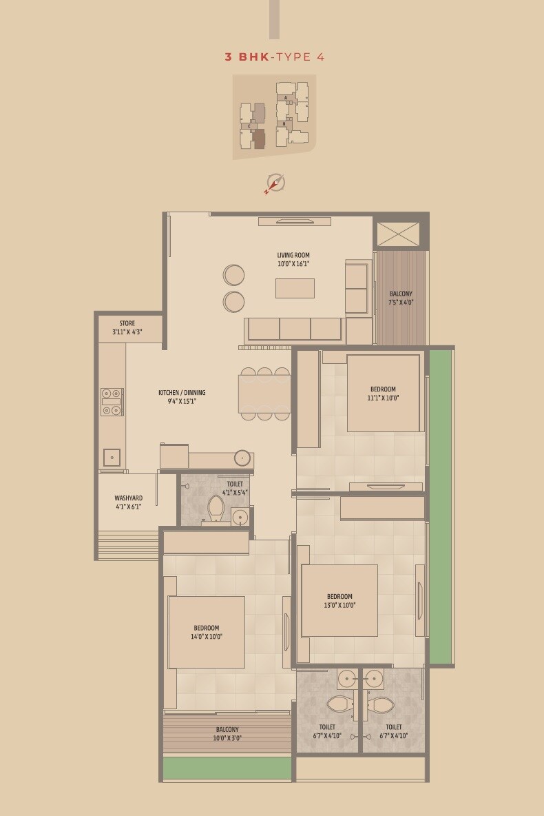 Floor plan of 3 BHK 1770 Sq. Ft. Apartment in Swastik Promont, Ahmedabad