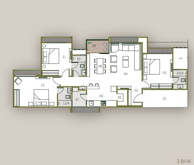 Floor plan of 3 BHK 1150 Sq. Ft. Apartment in Swati Parkside, Ahmedabad
