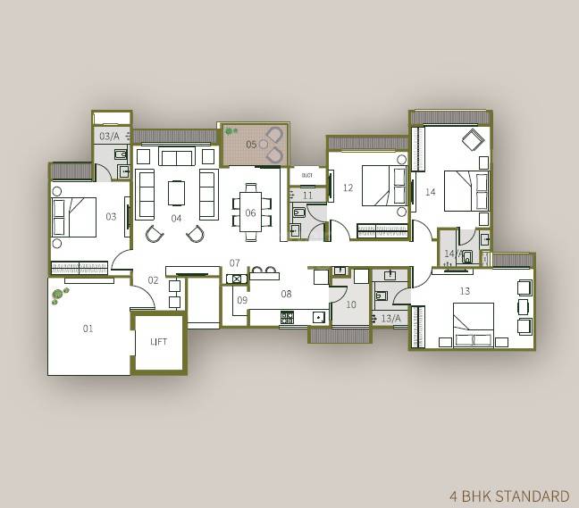 Floor plan of 4 BHK 1481 Sq. Ft. Apartment in Swati Parkside, Ahmedabad