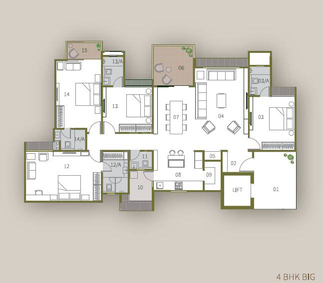 Floor plan of 4 BHK 1780 Sq. Ft. Apartment in Swati Parkside, Ahmedabad
