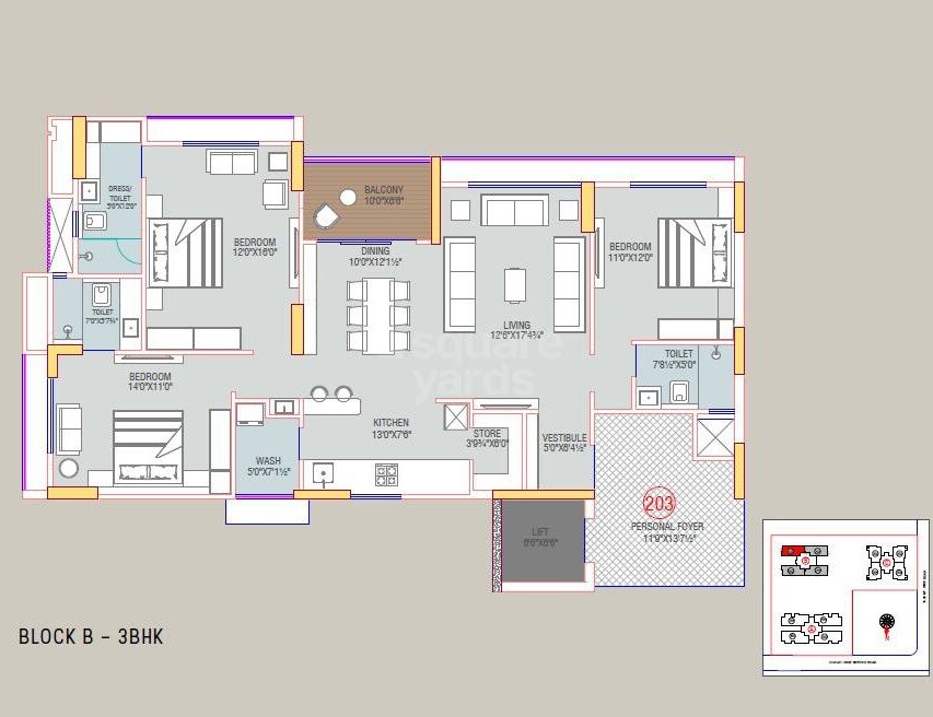Floor plan of 3 BHK 1182 Sq. Ft. Apartment in Swati Premier, Ahmedabad