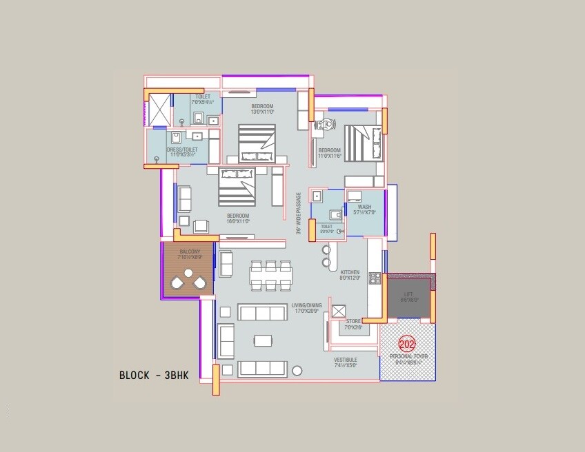 Floor plan of 3 BHK 1190 Sq. Ft. Apartment in Swati Premier, Ahmedabad