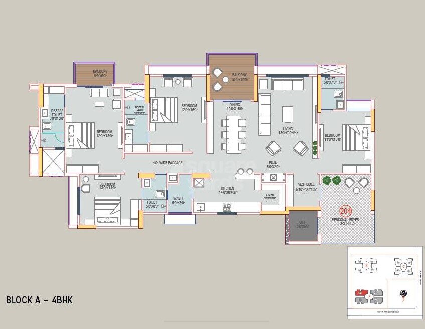 Floor plan of 4 BHK 1658 Sq. Ft. Apartment in Swati Premier, Ahmedabad
