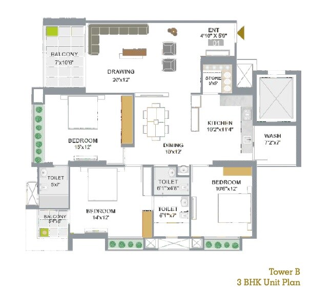 Floor plan of 3 BHK 1660 Sq. Ft. Apartment in Takshashila Air, Ahmedabad