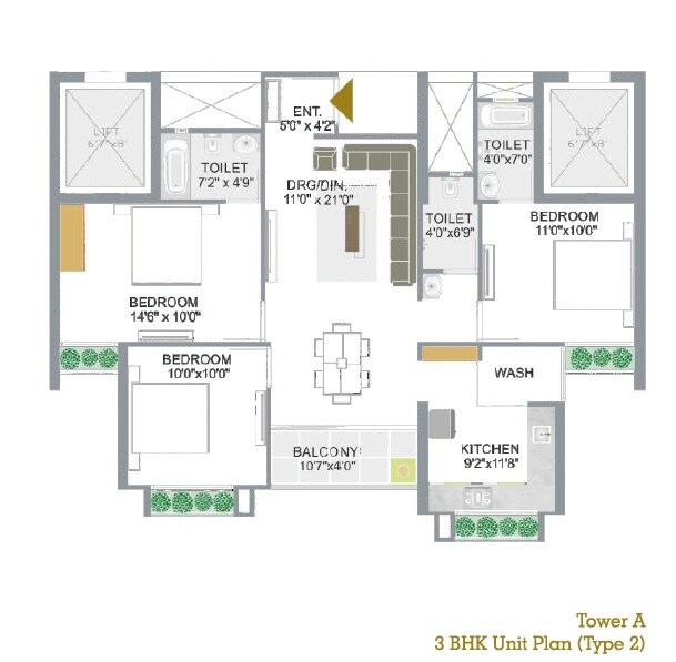 Floor plan of 3 BHK 2065 Sq. Ft. Apartment in Takshashila Air, Ahmedabad