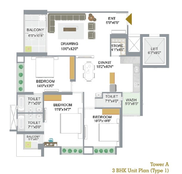 Floor plan of 3 BHK 2400 Sq. Ft. Apartment in Takshashila Air, Ahmedabad