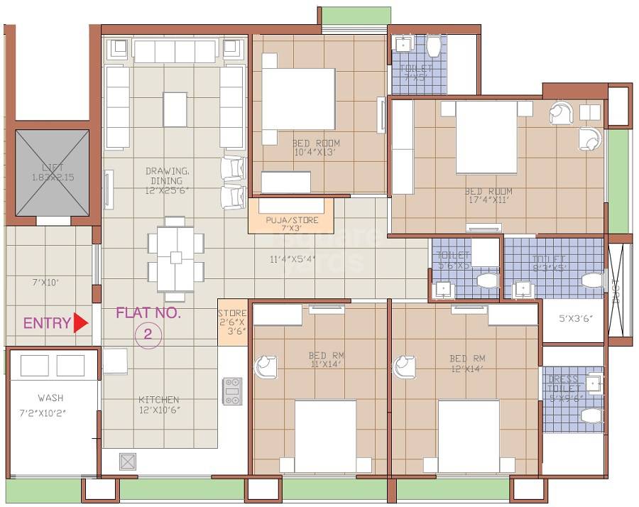 Floor plan of 4 BHK 2900 Sq. Ft. Apartment in Takshashila More Towers, Ahmedabad