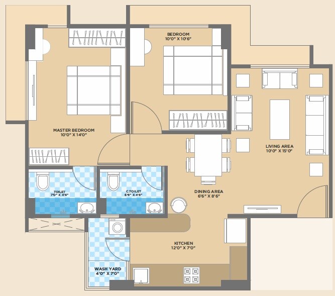 Floor plan of 2 BHK 635 Sq. Ft. Apartment in Tameer Dayaar, Ahmedabad