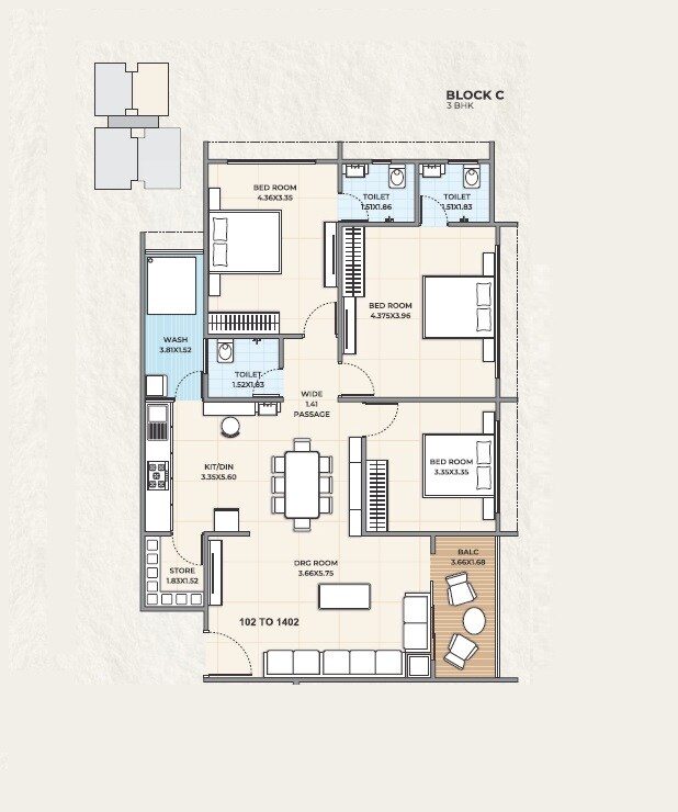 Floor plan of 3 BHK 1030 Sq. Ft. Apartment in Tapas Fortune Empire, Ahmedabad