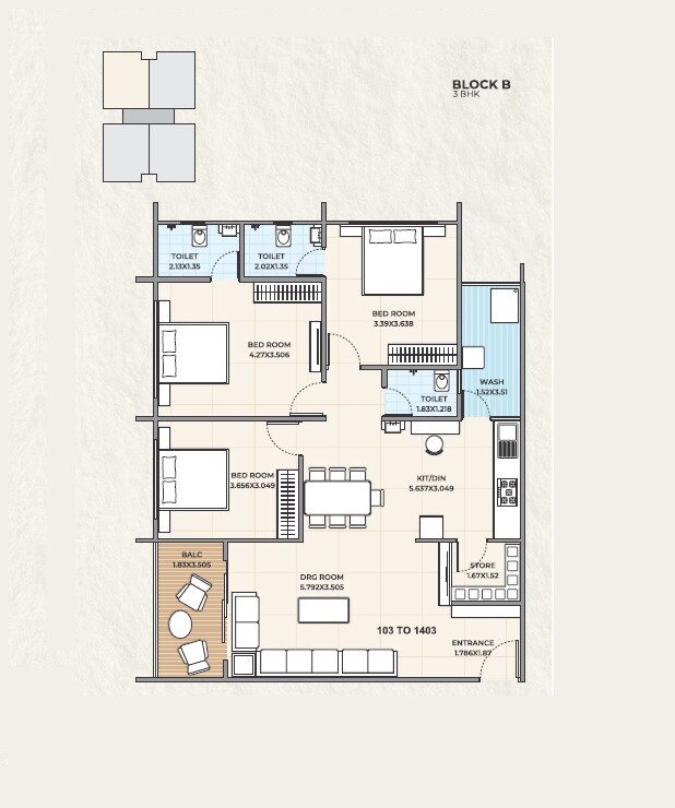 Floor plan of 3 BHK 1084 Sq. Ft. Apartment in Tapas Fortune Empire, Ahmedabad