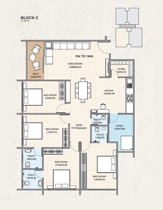 Floor plan of 4 BHK 1302 Sq. Ft. Apartment in Tapas Fortune Empire, Ahmedabad