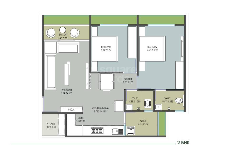 Floor plan of 2 BHK 604 Sq. Ft. Apartment in Tapovan The Space, Ahmedabad