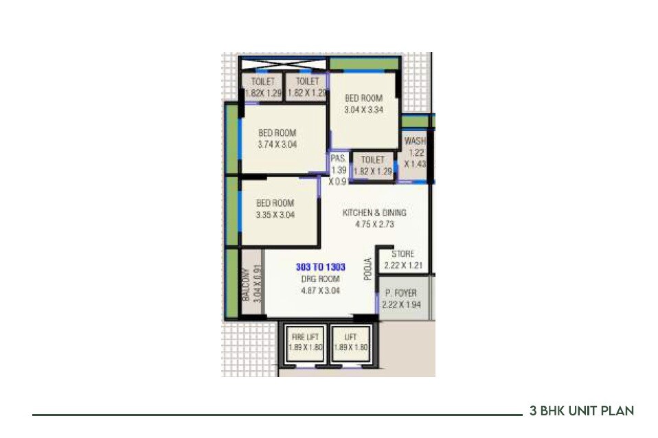 Floor plan of 3 BHK 799 Sq. Ft. Apartment in Tapovan The Space, Ahmedabad