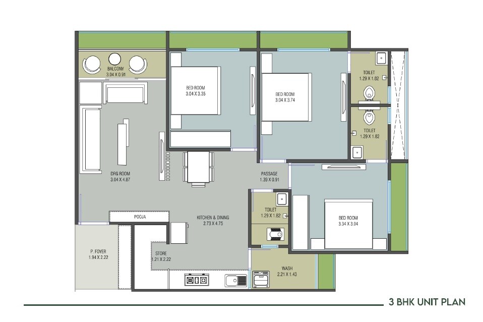 Floor plan of 3 BHK 818 Sq. Ft. Apartment in Tapovan The Space, Ahmedabad