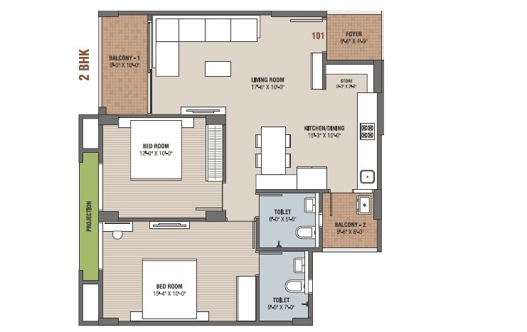 Floor plan of 2 BHK 764 Sq. Ft. Apartment in Teraiya Adhishthan Luxuria, Ahmedabad
