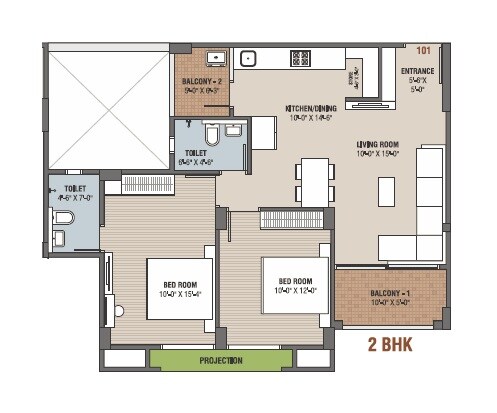 Floor plan of 2 BHK 860 Sq. Ft. Apartment in Teraiya Adhishthan Luxuria, Ahmedabad