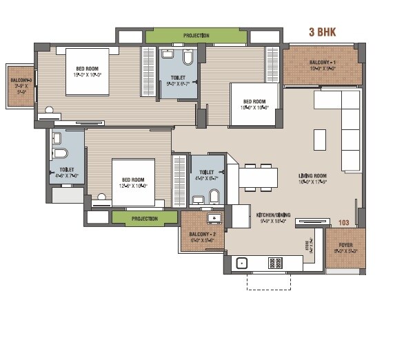 Floor plan of 3 BHK 986 Sq. Ft. Apartment in Teraiya Adhishthan Luxuria, Ahmedabad