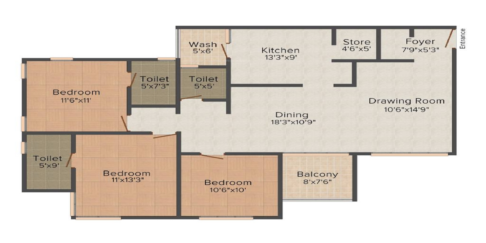 Floor plan of 3 BHK 1800 Sq. Ft. Apartment in Tithi Satyamev Vista, Ahmedabad